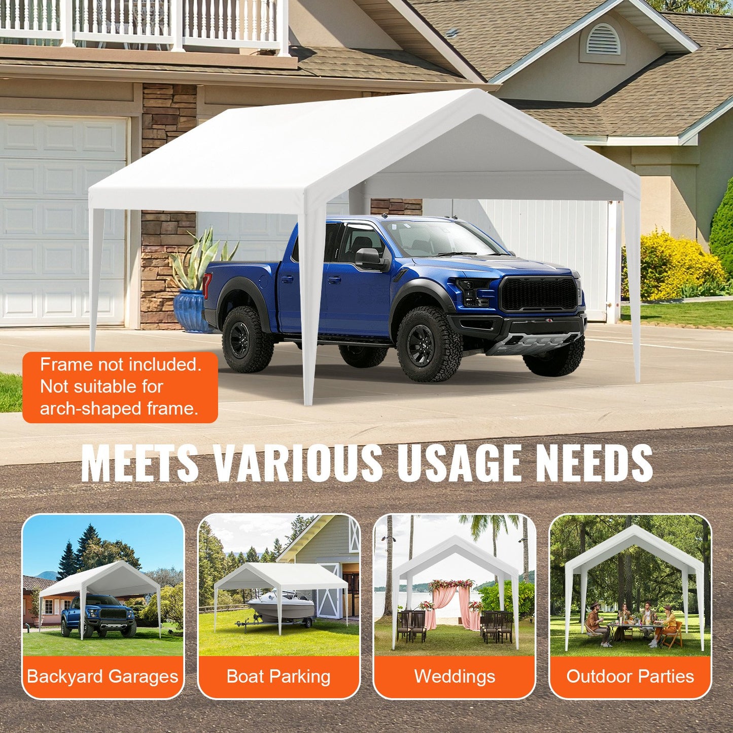 Carport Replacement Canopy Cover 6100 x 3040 mm, Garage Top Tent Shelter Tarp Heavy-Duty Waterproof & UV Protected, Easy Installation with Ball Bungees,White (Only Top Cover, Frame Not Include)