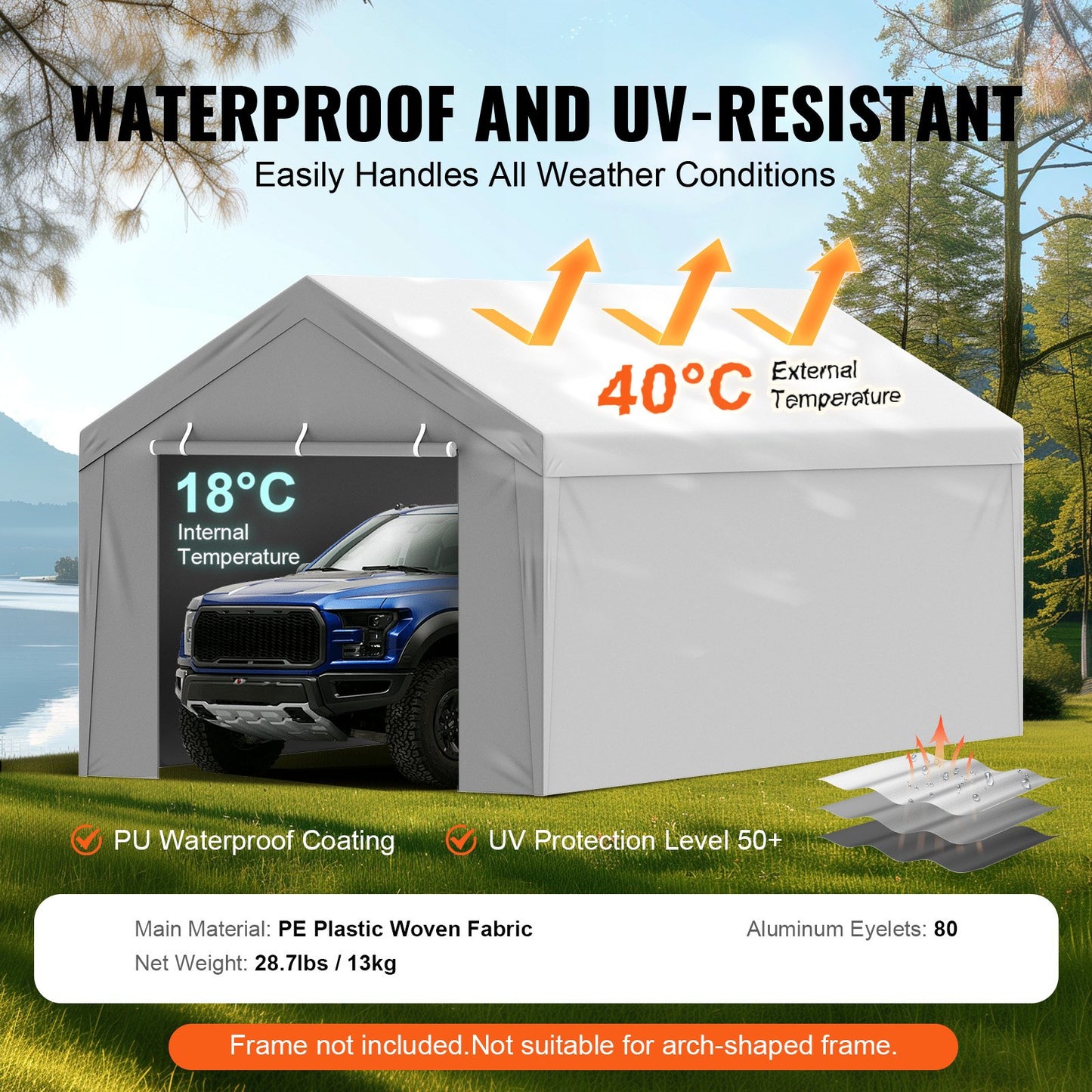 Carport Replacement Canopy Cover Top + Side Wall 6000 x 3000 mm, Garage Tent Shelter Tarp Heavy-Duty Waterproof & UV Protected, Easy Installation with Ball Bungees,White (Frame Not Included)