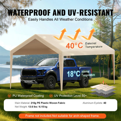 Carport Replacement Canopy Cover 10 x 20 ft, Garage Top Tent Shelter Tarp Heavy-Duty Waterproof & UV Protected, Easy Installation with Ball Bungees,Beige (Only Top Cover, Frame Not Include)