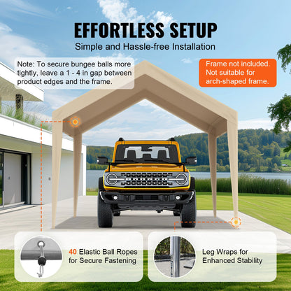 Carport Replacement Canopy Cover 10 x 20 ft, Garage Top Tent Shelter Tarp Heavy-Duty Waterproof & UV Protected, Easy Installation with Ball Bungees,Beige (Only Top Cover, Frame Not Include)