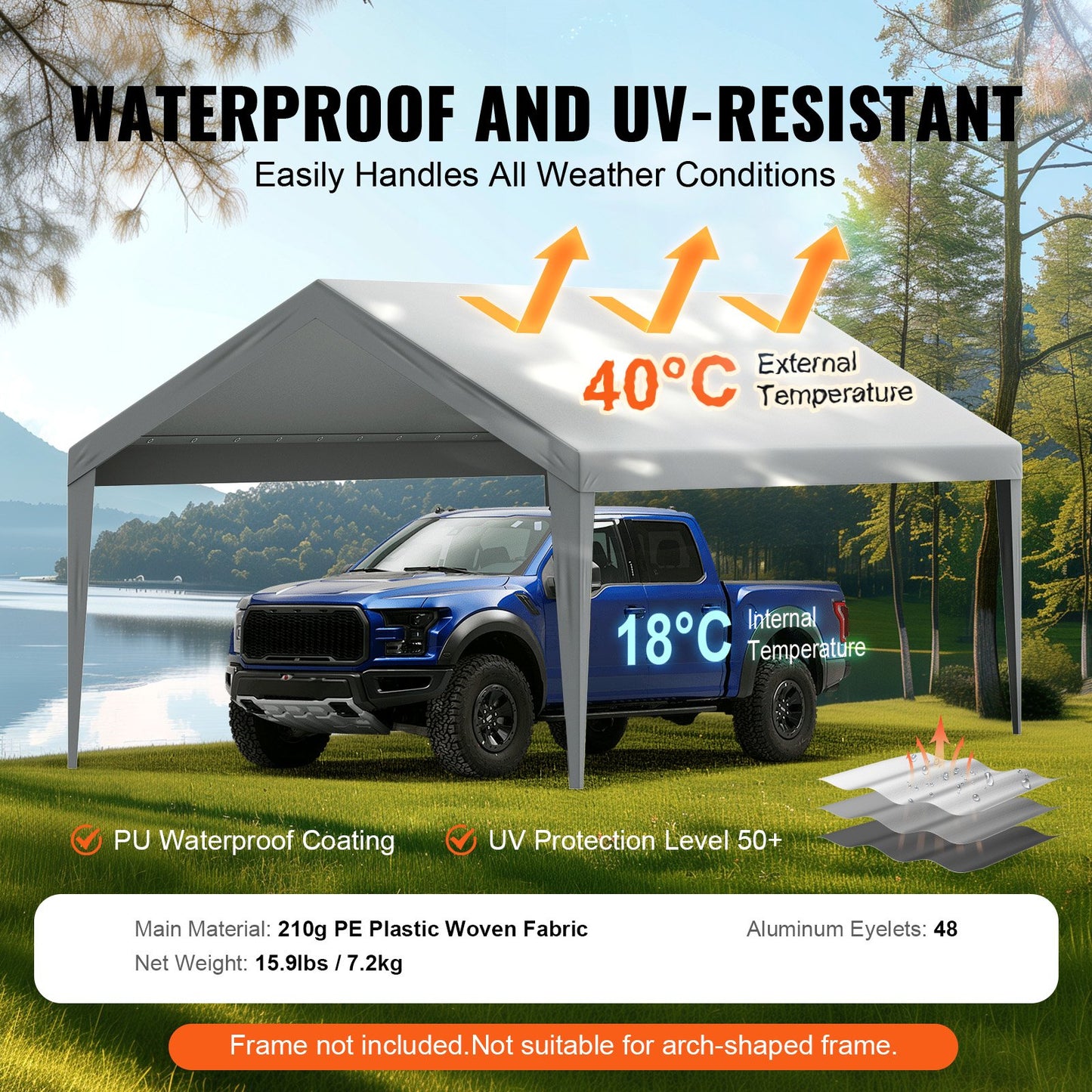 Carport Replacement Canopy Cover 12 x 20 ft, Garage Top Tent Shelter Tarp Heavy-Duty Waterproof & UV Protected, Easy Installation with Ball Bungees,Grey (Only Top Cover, Frame Not Include)
