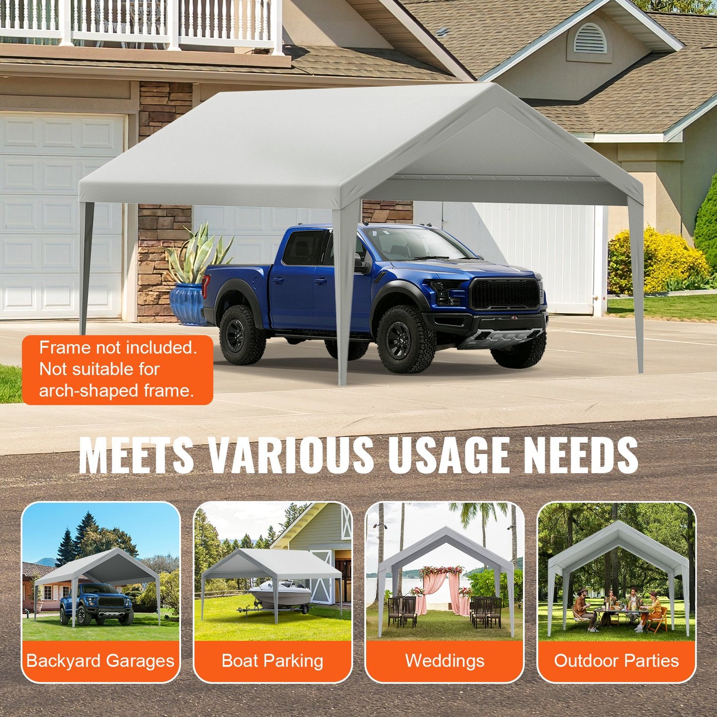 Carport Replacement Canopy Cover 12 x 20 ft, Garage Top Tent Shelter Tarp Heavy-Duty Waterproof & UV Protected, Easy Installation with Ball Bungees,Grey (Only Top Cover, Frame Not Include)