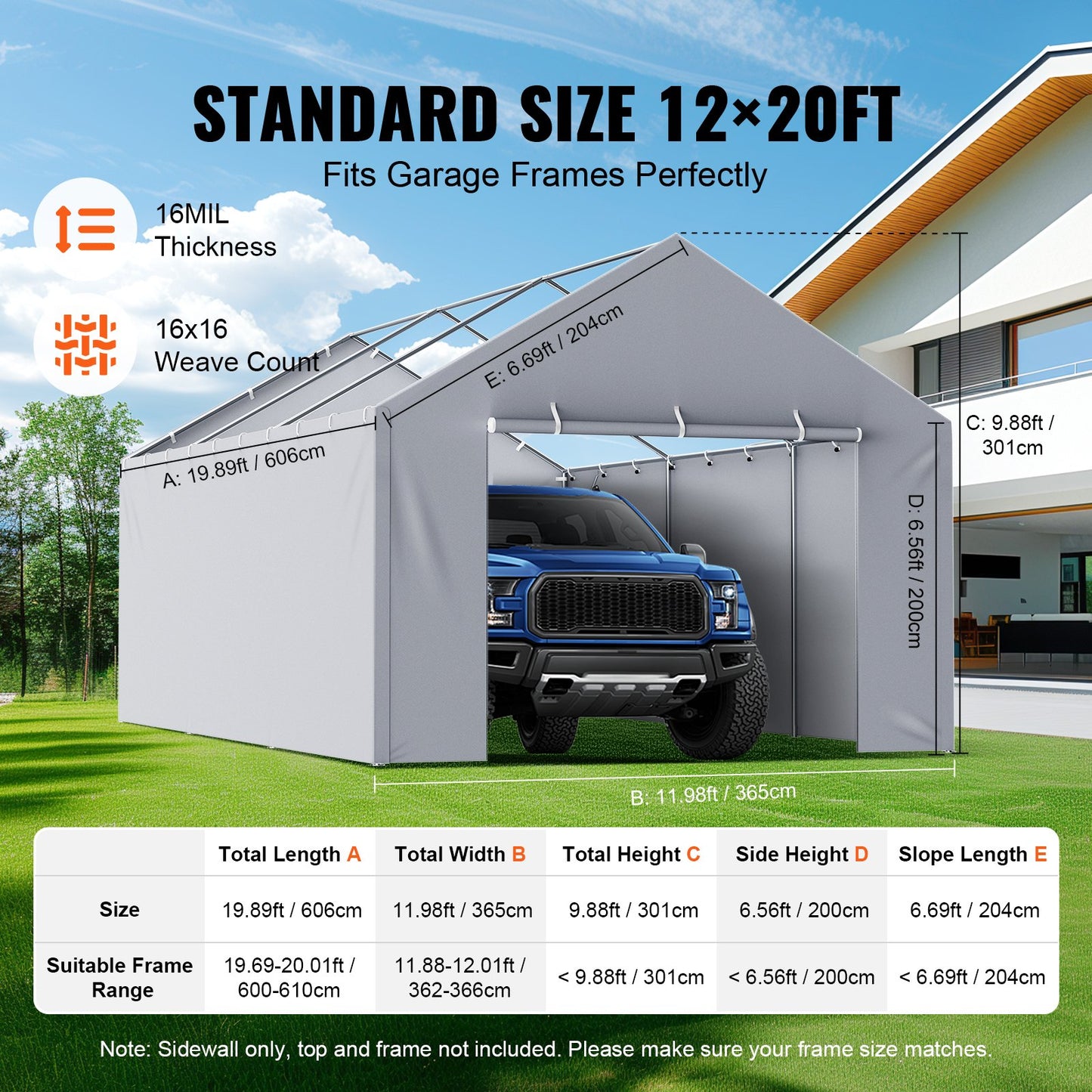 Carport Replacement Canopy Cover Side Wall 12 x 20 ft, Garage Tent Shelter Tarp Heavy-Duty Waterproof & UV Protected, Easy Installation with Ball Bungees,Grey (Top and Frame Not Included)