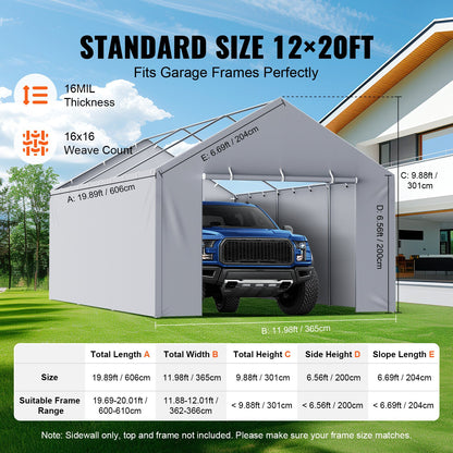 Carport Replacement Canopy Cover Side Wall 12 x 20 ft, Garage Tent Shelter Tarp Heavy-Duty Waterproof & UV Protected, Easy Installation with Ball Bungees,Grey (Top and Frame Not Included)
