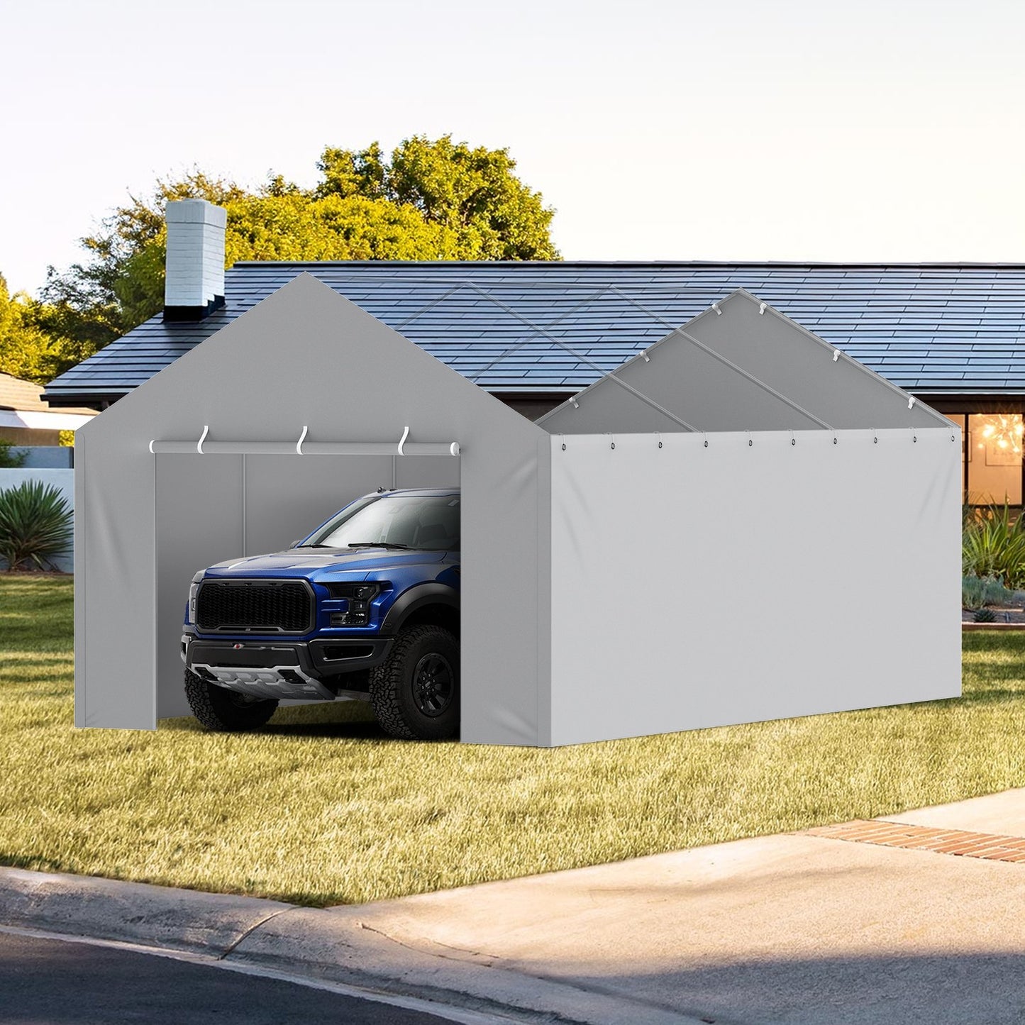 Carport Replacement Canopy Cover Side Wall 12 x 20 ft, Garage Tent Shelter Tarp Heavy-Duty Waterproof & UV Protected, Easy Installation with Ball Bungees,Grey (Top and Frame Not Included)