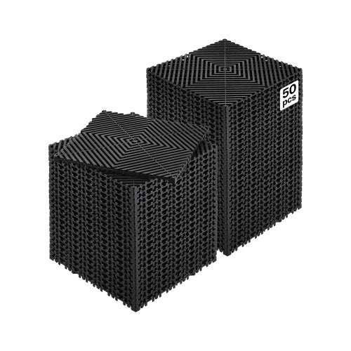 Interlocking Drainage Mat, 12” x 12” Modular Interlocking Cushion, 50 Pcs Splicing Drainage Mats, Non-Slip Black PP Drainage Floor Tile and Shower Mat, for Garage, Garden, Kitchen & Outdoor