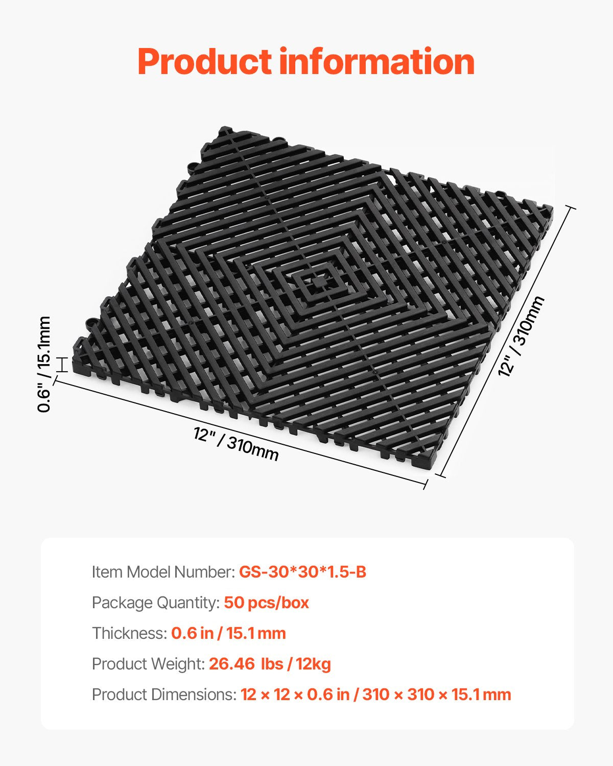 Ineinandergreifende Drainagematte, 30 x 30 cm, modulares Stecksystem, 50-teiliges Set, rutschfeste schwarze PP-Bodenfliese und Duschmatte, für Garage, Garten, Küche und Außenbereich