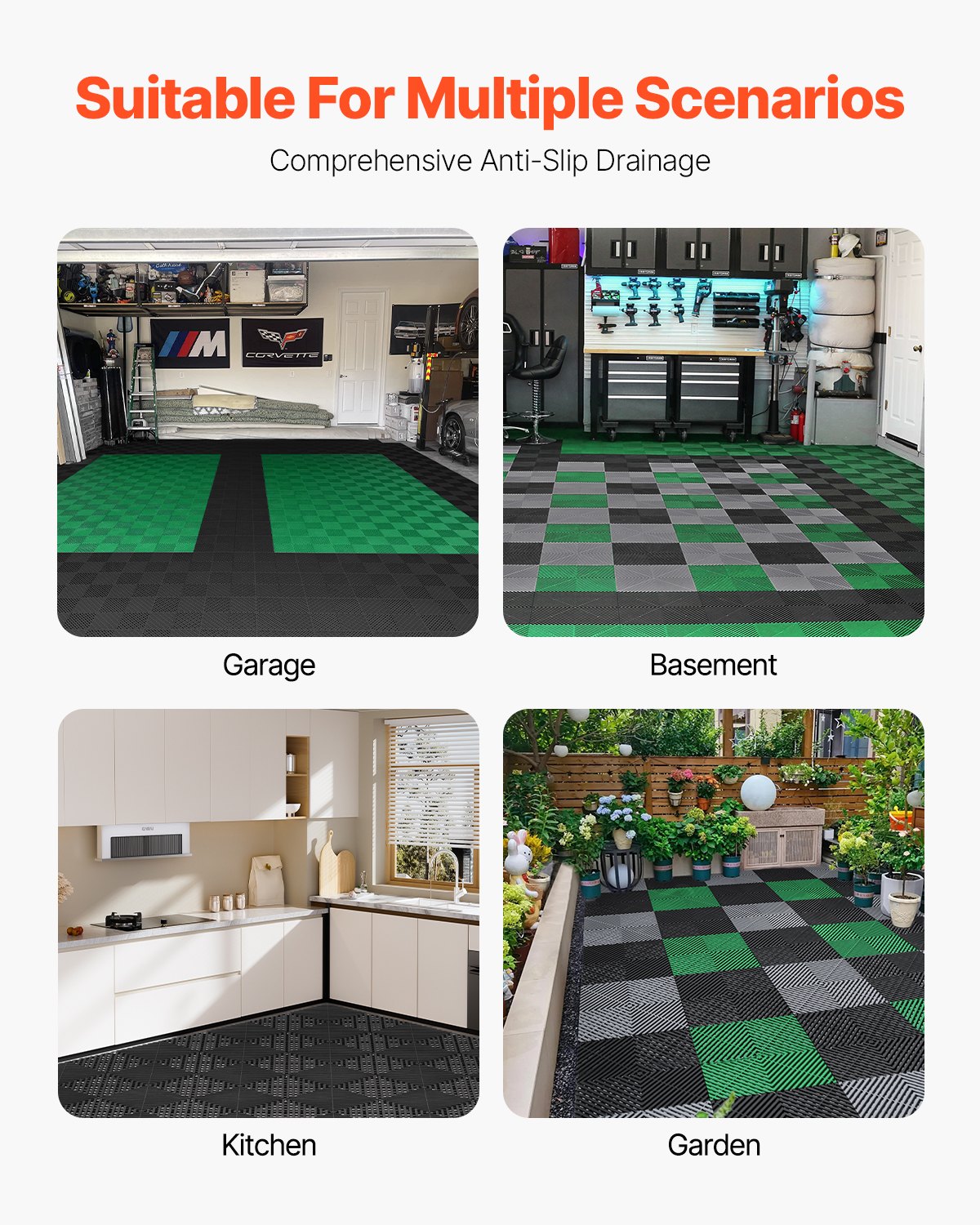 Interlocking Drainage Mat, 12” x 12” Modular Interlocking Cushion, 24 Pcs Splicing Drainage Mats, Non-Slip Black PP Drainage Floor Tile and Shower Mat, for Garage, Garden, Kitchen & Outdoor