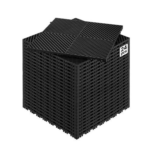 Interlocking Drainage Mat, 15.7” x 15.7” Modular Interlocking Cushion, 24 Pcs Splicing Drainage Mats, Non-Slip Black PP Drainage Floor Tile and Shower Mat, for Garage, Garden, Kitchen & Outdoor