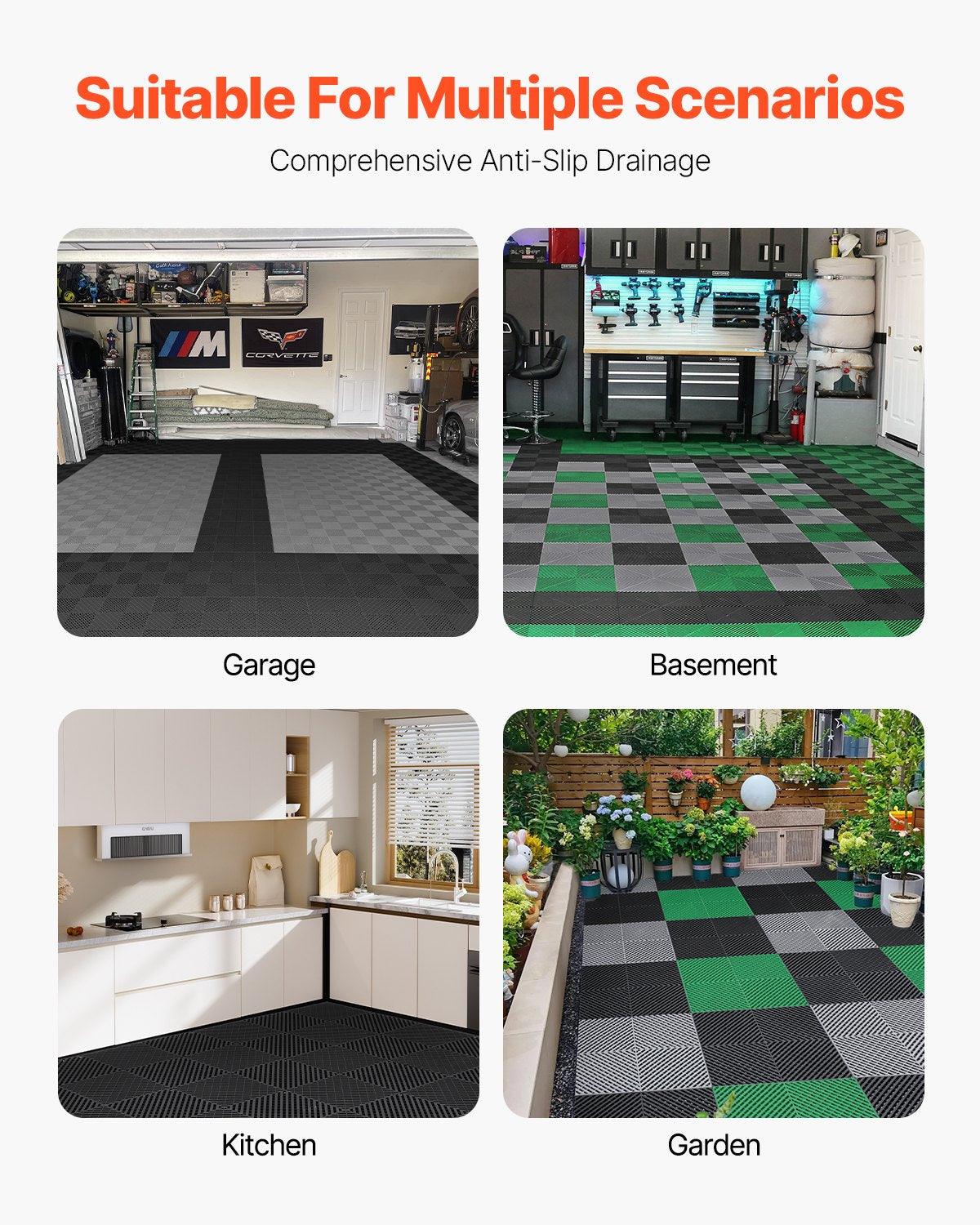 Interlocking Drainage Mat, 15.7” x 15.7” Modular Interlocking Cushion, 24 Pcs Splicing Drainage Mats, Non-Slip Black PP Drainage Floor Tile and Shower Mat, for Garage, Garden, Kitchen & Outdoor