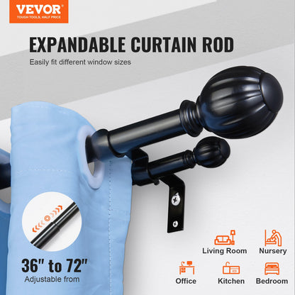 Double Rod Curtain Rods, 91.4-182.9 cm Adjustable Length, Black Double Curtain Rods with Round Finials, 2.5 cm and 1.9 cm Diameter, Double Window Drapery Rod for Sheer and Blackout Curtains