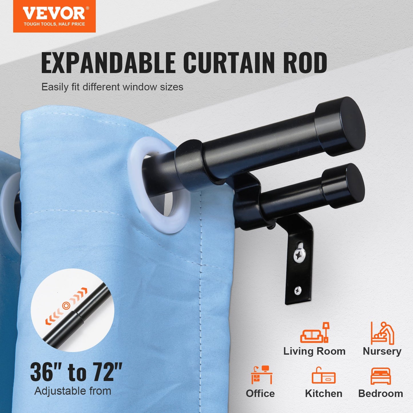 Double Rod Curtain Rods, 36-72 inches(3-6ft) Adjustable Length, Black Double Curtain Rods with Cap Finials, 1" and 3/4" Diameter, Double Window Drapery Rod for Sheer and Blackout Curtains