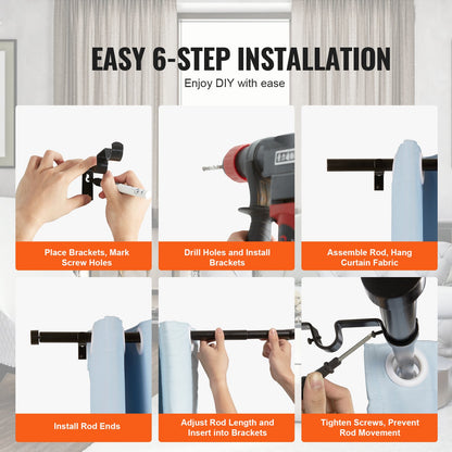 Double Rod Curtain Rods, 182.9-365.8 cm Adjustable Length, Black Double Curtain Rods with Cap Finials, 2.5 cm and 1.9 cm Diameter, Double Window Drapery Rod for Sheer and Blackout Curtains