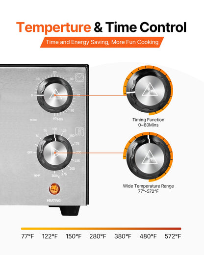 Elektrischer Pizzaofen, 30 cm (12 Zoll) Tischpizzaofen, max. 300 °C (572 °F), 1450 W Leistung, mit Timer und Temperaturregelung, Pizzaofen mit zwei Heizrohren, Krümelschublade, für Restaurants und die heimische Küche