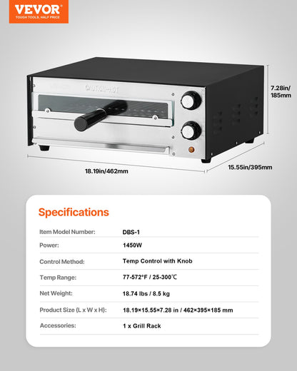 Elektrischer Pizzaofen, 30 cm (12 Zoll) Tischpizzaofen, max. 300 °C (572 °F), 1450 W Leistung, mit Timer und Temperaturregelung, Pizzaofen mit zwei Heizrohren, Krümelschublade, für Restaurants und die heimische Küche