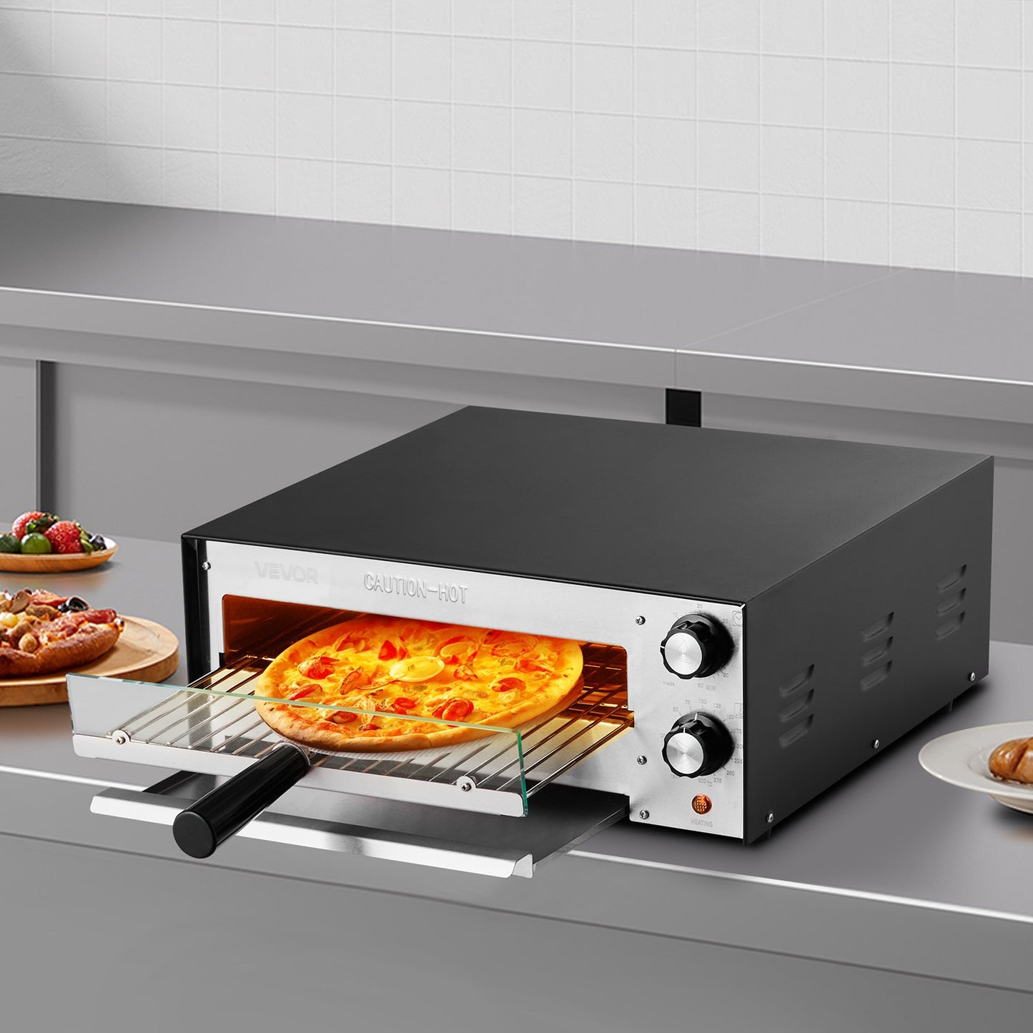 Elektrischer Pizzaofen, 30 cm (12 Zoll) Tischpizzaofen, max. 300 °C (572 °F), 1450 W Leistung, mit Timer und Temperaturregelung, Pizzaofen mit zwei Heizrohren, Krümelschublade, für Restaurants und die heimische Küche