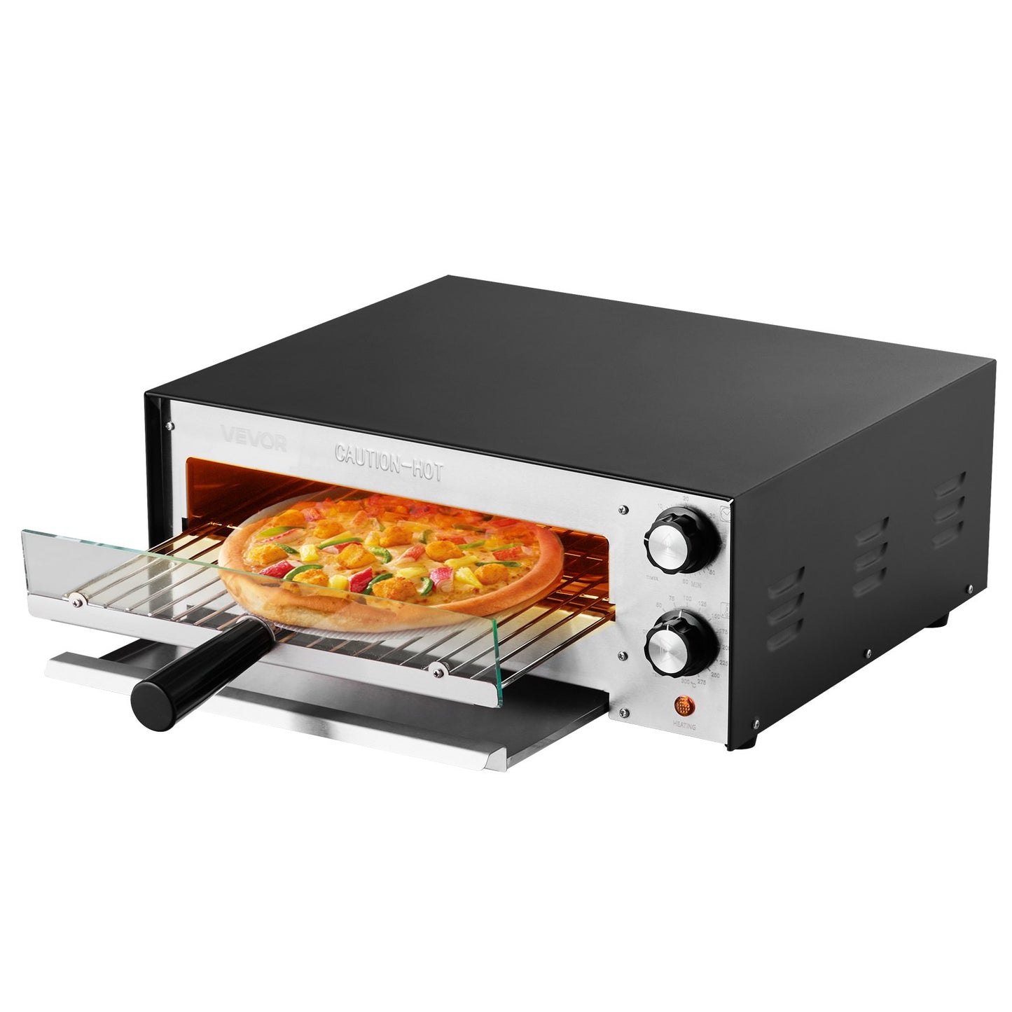 Elektrischer Pizzaofen, 30 cm (12 Zoll) Tischpizzaofen, max. 300 °C (572 °F), 1450 W Leistung, mit Timer und Temperaturregelung, Pizzaofen mit zwei Heizrohren, Krümelschublade, für Restaurants und die heimische Küche
