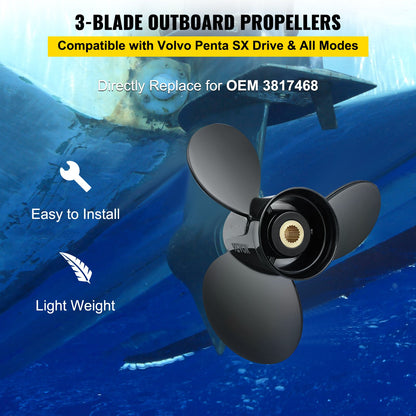 Outboard Propeller, Replace for OEM 3817468, 3-Blade 14.5\" x 19\" Pitch Aluminium Boat Propeller, Compatible with Volvo Penta SX Drive All Models, with 19 Tooth Splines, RH