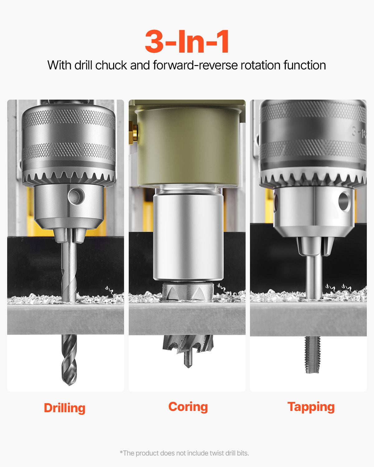 Magnetic Drill, 1200W Motor 1.6 in Boring Diameter, 2810 lbf Electric Mag Drill Press, with 2 Coring Bits, Variable Speed, Drilling Machine for Metal Surface, Home Improvement Industry, Yellow