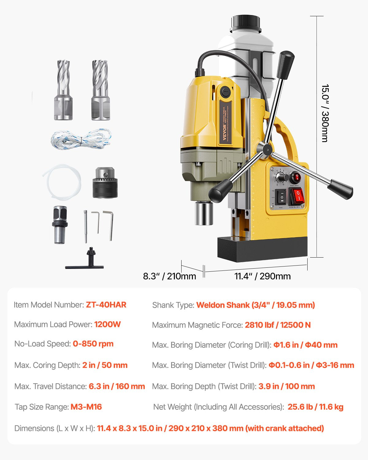 Magnetic Drill, 1200W Motor 1.6 in Boring Diameter, 2810 lbf Electric Mag Drill Press, with 2 Coring Bits, Variable Speed, Drilling Machine for Metal Surface, Home Improvement Industry, Yellow