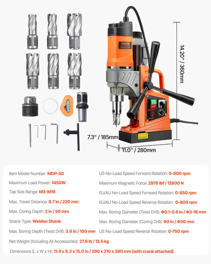 Magnetic Drill, 1450W Motor 2 in Boring Diameter, 2878 lbf Portable Electric Mag Drill Press, with 6 Coring Bits, Variable Speed, Drilling Machine for Metal Surface, Home Improvement Industry