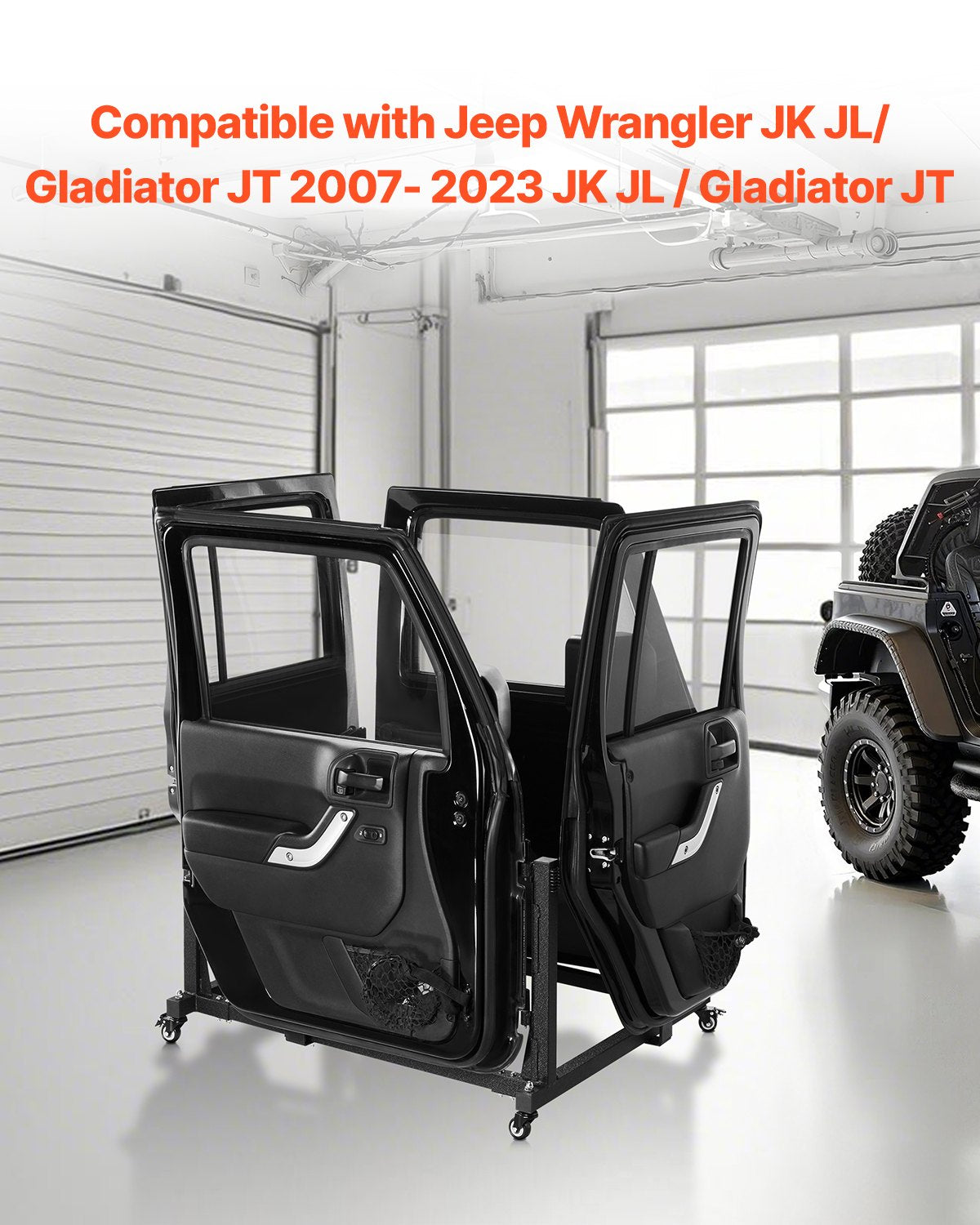 Jeep Door Storage Cart, 4 Doors Moveable Storage Cart Rack with Thickened Rubber Cushion, Sturdy Car Door Holder Cart Fit for Jeep Wrangler JK JL/Gladiator JT 2007- 2023 JK JL / Gladiator JT