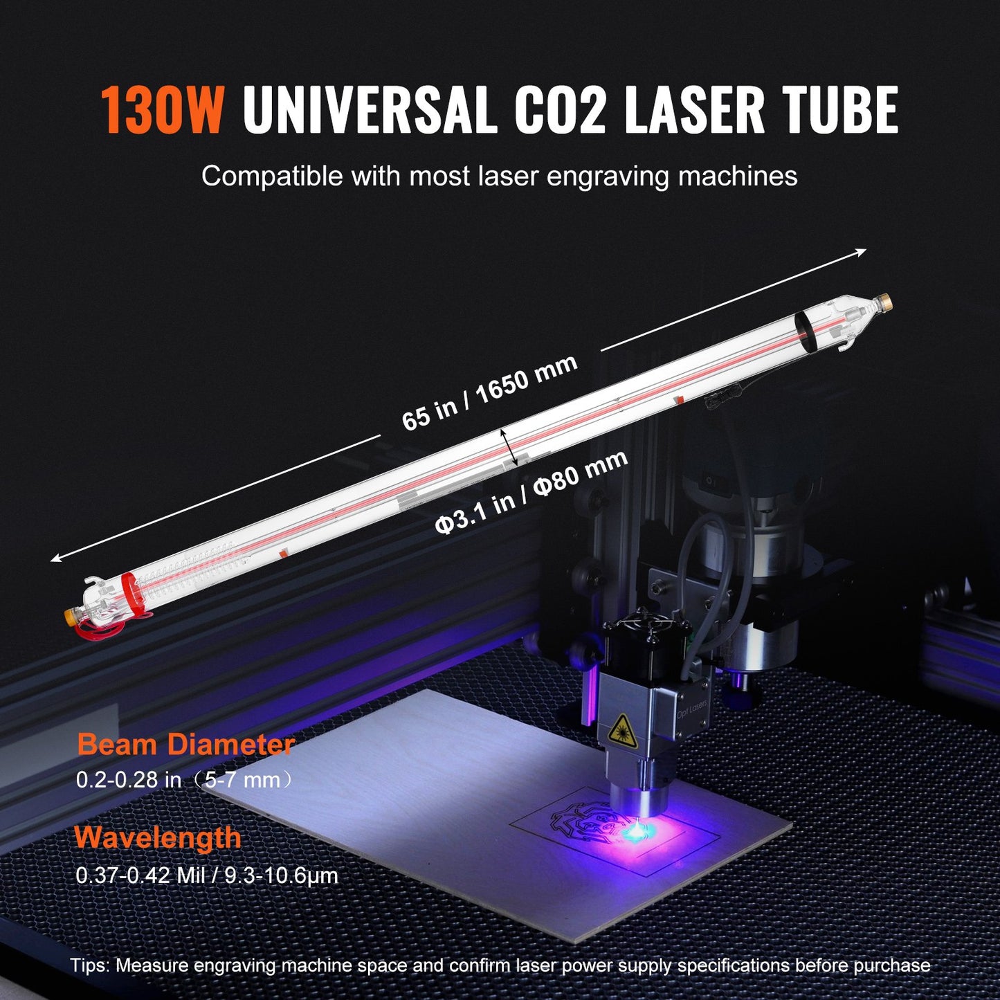 130W CO2 Laser Tube, 65 in (1650 mm) Length, 3.1 in (80 mm) Dia Borosilicate Glass Laser Cutter Tube with Metal Head, 10,000hr Wires Preconnected for Laser Engraver Engraving Cutting Machine