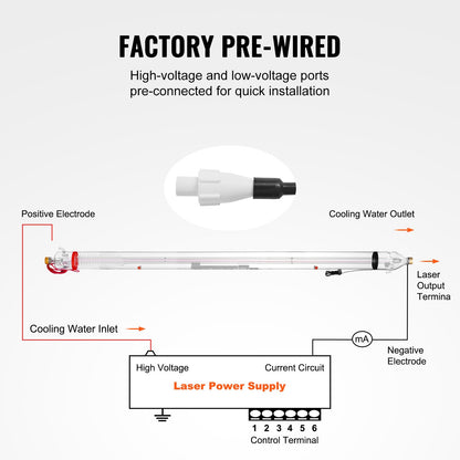 130W CO2 Laser Tube, 65 in (1650 mm) Length, 3.1 in (80 mm) Dia Borosilicate Glass Laser Cutter Tube with Metal Head, 10,000hr Wires Preconnected for Laser Engraver Engraving Cutting Machine