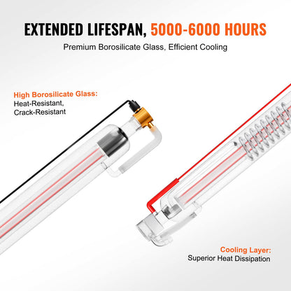 60W CO2 Laser Tube, 49.2 in (1250 mm) Length, 2 in (55 mm) Dia Borosilicate Glass Laser Cutter Tube with Metal Head, 5000-6000hr Wires Preconnected for Laser Engraver Engraving Cutting Machine