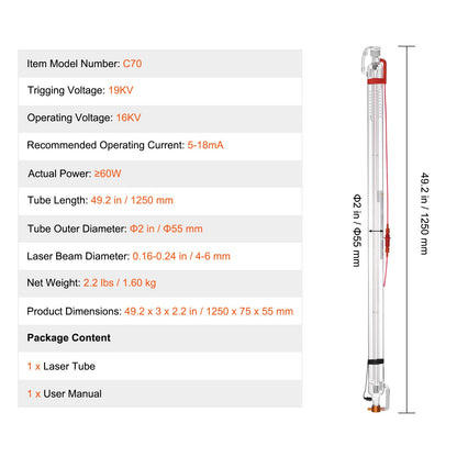 60W CO2 Laser Tube, 49.2 in (1250 mm) Length, 2 in (55 mm) Dia Borosilicate Glass Laser Cutter Tube with Metal Head, 5000-6000hr Wires Preconnected for Laser Engraver Engraving Cutting Machine
