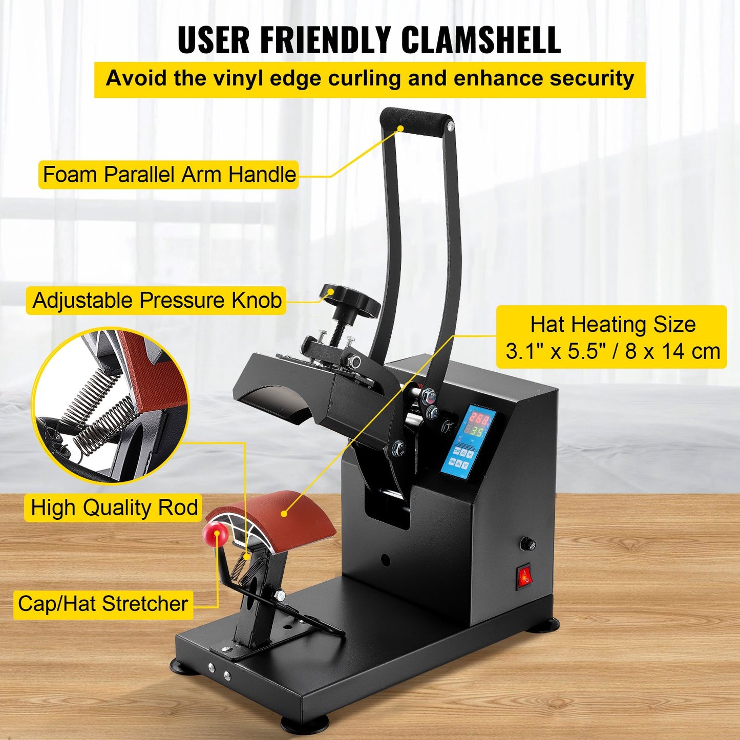 Hut-Heißpresse 5,5 x 3,5 Zoll (14 x 9 cm), 600 W, professionelle Transferpresse für Hüte und Mützen, 12.000 Stunden Lebensdauer, digitaler LCD-Timer und Temperaturregelung