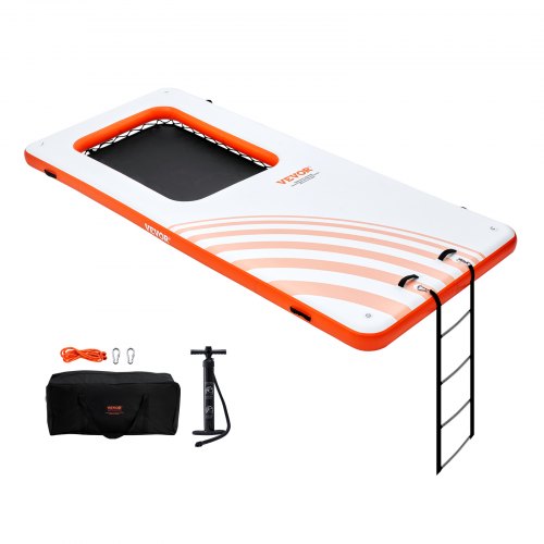 Inflatable Floating Dock, 15x6.5FT Inflatable Dock Platform with 4*6FT Trampoline Mesh Pool, Non-Slip Floating Platform Water Mat with Portable Bag & Detachable Ladder for Pool Beach Relaxation