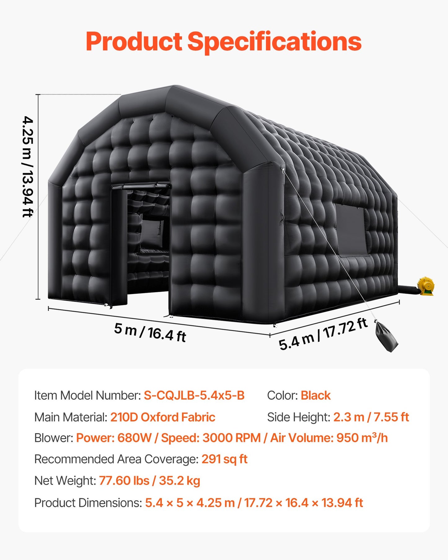 Inflatable Nightclub, 5.4 x 5 x 4.2 m Inflatable Party Tent with 680W Blower & Sandbag, Ventilated Blow up Night Club with 2 Windows, Air Cube House for Event Birthday Wedding Party