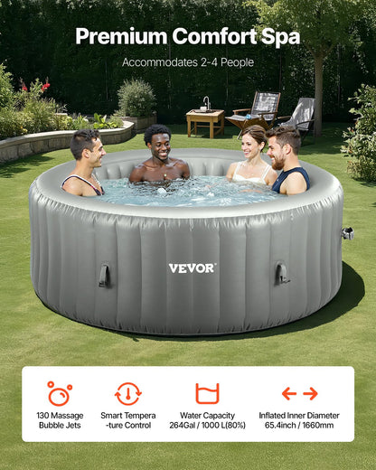 Aufblasbarer Whirlpool für 4 bis 6 Personen, runder, tragbarer Outdoor-Whirlpool (2080 x 660 mm), mit 130 Massagedüsen, Filter, Abdeckung und Matte, Multifunktions-Bedienfeld, PVC, Grau