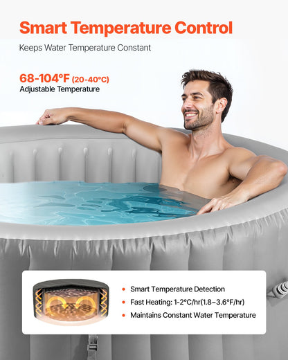 Aufblasbarer Whirlpool für 4 bis 6 Personen, runder, tragbarer Outdoor-Whirlpool (2080 x 660 mm), mit 130 Massagedüsen, Filter, Abdeckung und Matte, Multifunktions-Bedienfeld, PVC, Grau