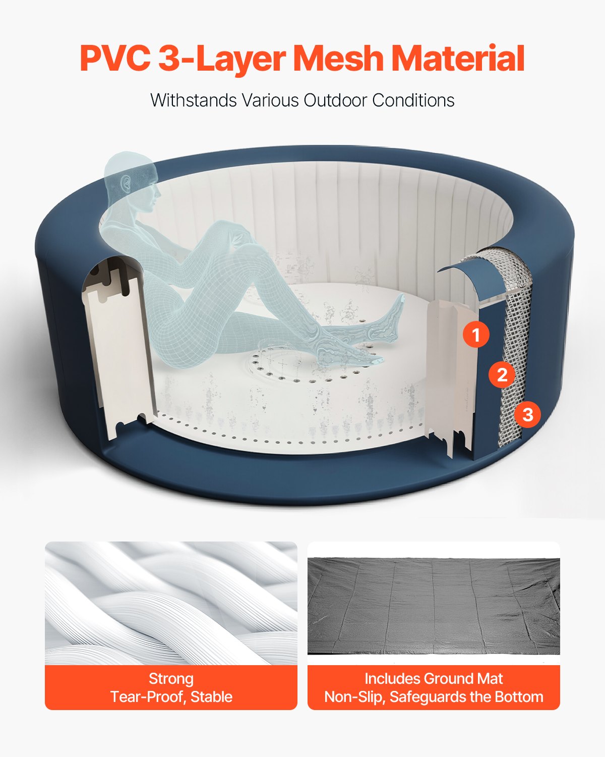 Aufblasbarer Whirlpool für 4 bis 6 Personen, runder, tragbarer Outdoor-Whirlpool (2080 x 660 mm), mit 130 Massagedüsen, Filter, Abdeckung und Matte, Multifunktions-Bedienfeld, PVC, Grau