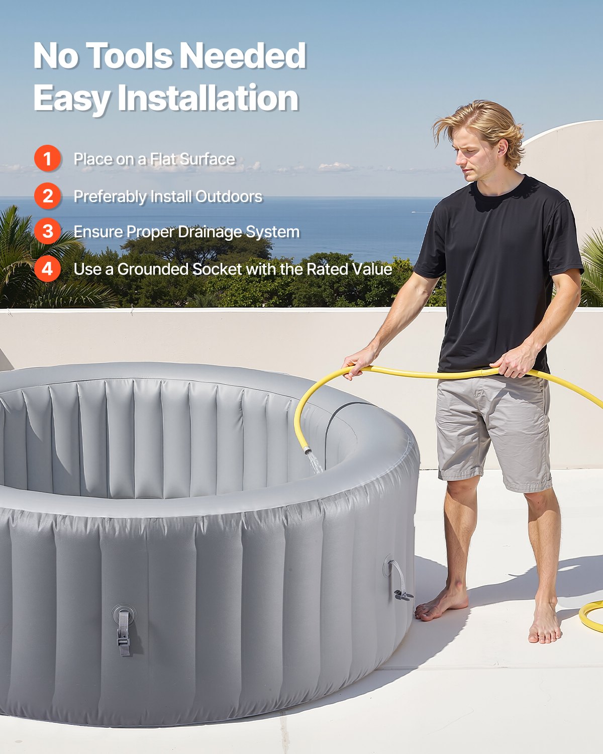 Aufblasbarer Whirlpool für 4 bis 6 Personen, runder, tragbarer Outdoor-Whirlpool (2080 x 660 mm), mit 130 Massagedüsen, Filter, Abdeckung und Matte, Multifunktions-Bedienfeld, PVC, Grau