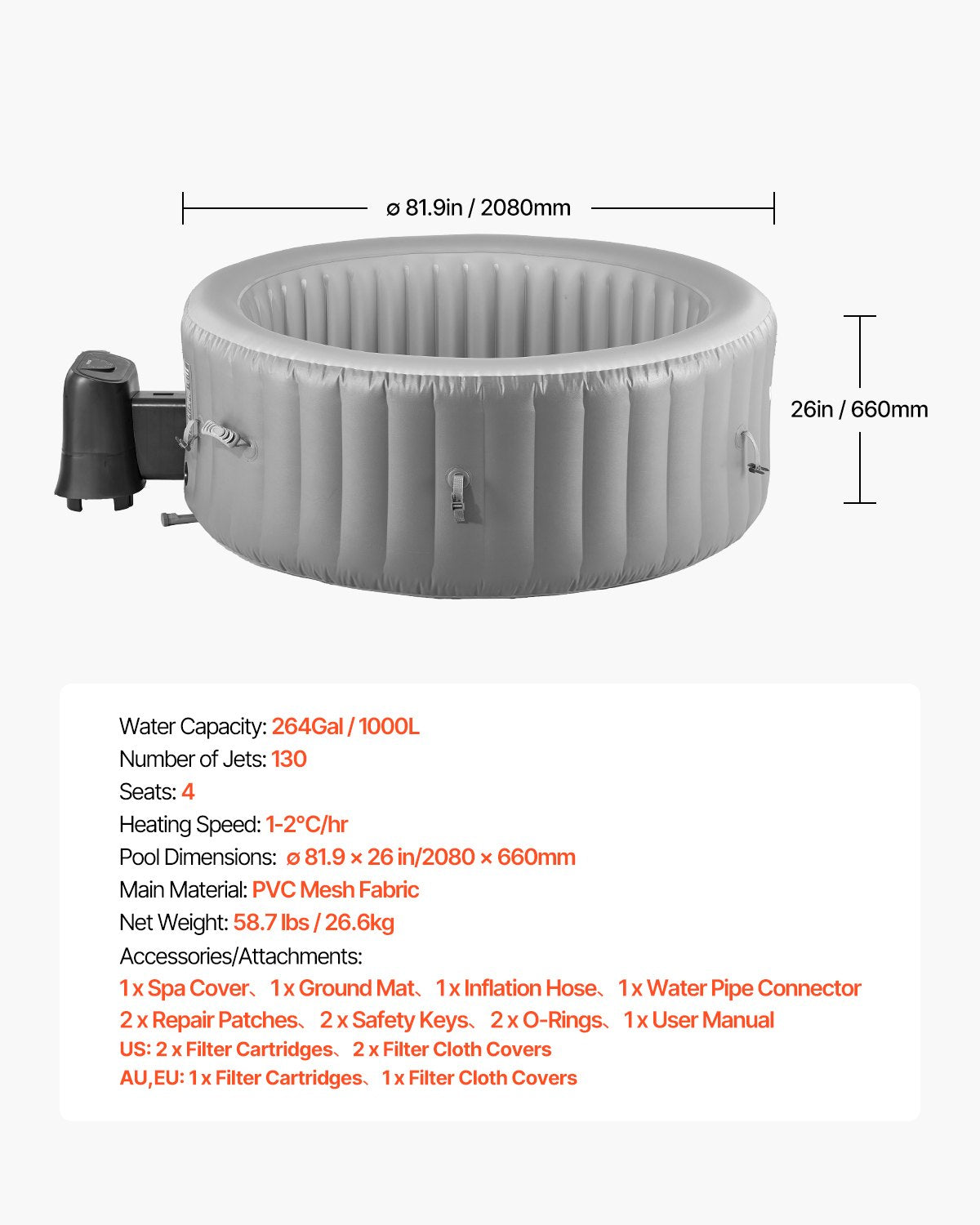 Aufblasbarer Whirlpool für 4 bis 6 Personen, runder, tragbarer Outdoor-Whirlpool (2080 x 660 mm), mit 130 Massagedüsen, Filter, Abdeckung und Matte, Multifunktions-Bedienfeld, PVC, Grau