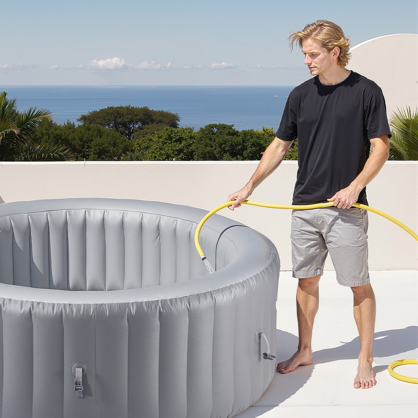 Aufblasbarer Whirlpool für 4 bis 6 Personen, runder, tragbarer Outdoor-Whirlpool (2080 x 660 mm), mit 130 Massagedüsen, Filter, Abdeckung und Matte, Multifunktions-Bedienfeld, PVC, Grau