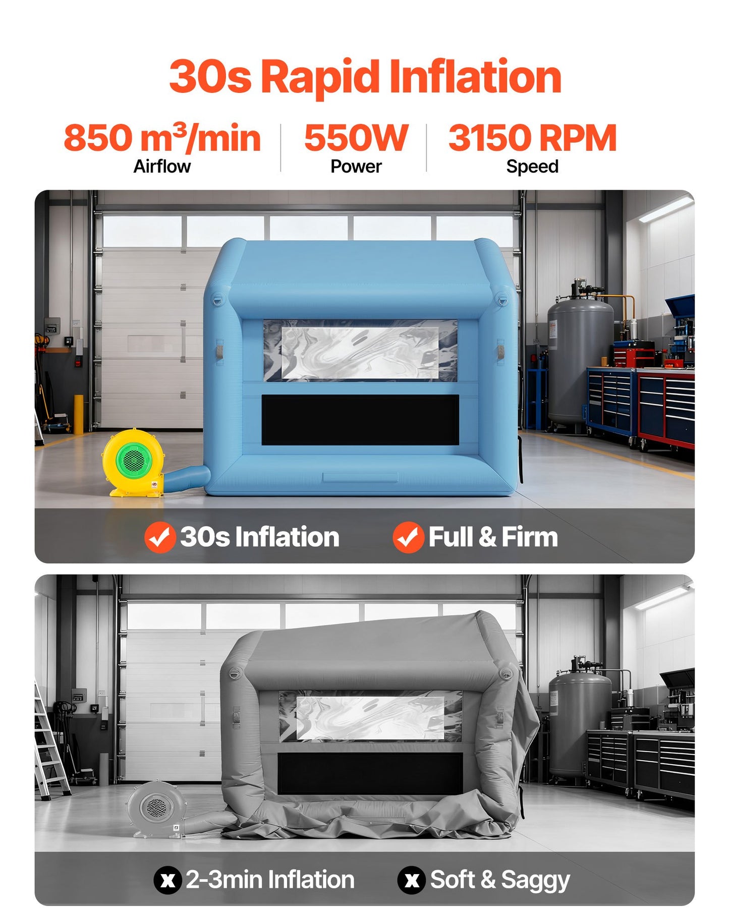 Inflatable Paint Booth, 3 x 2.5 x 2.5 m, Inflatable Spray Booth with 550W Powerful Blower and Air Filter System, Triangular Roof, for Painting Bicycle, Motorcycle, Automotive Sheet Metal