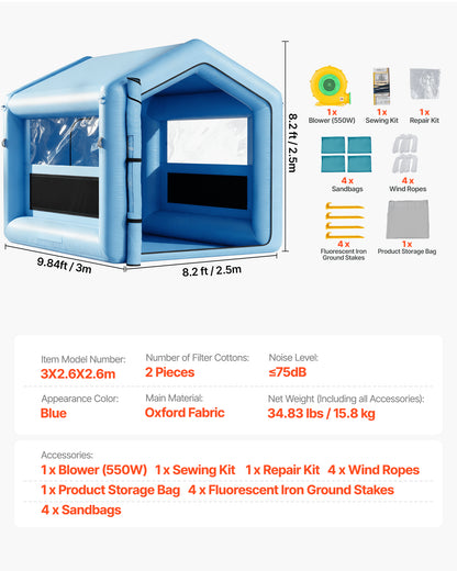 Inflatable Paint Booth, 3 x 2.5 x 2.5 m, Inflatable Spray Booth with 550W Powerful Blower and Air Filter System, Triangular Roof, for Painting Bicycle, Motorcycle, Automotive Sheet Metal