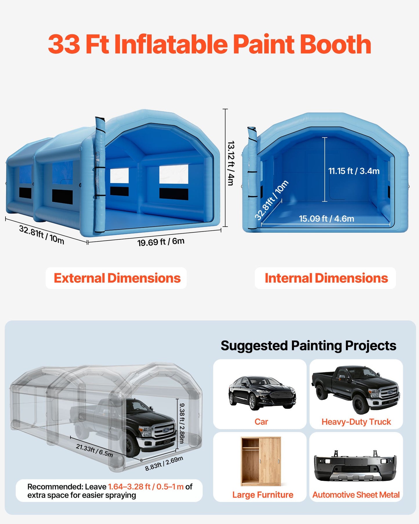 Inflatable Paint Booth, 10 x 6 x 4 m, Inflatable Spray Booth with 950W and 1100W Blowers and Air Filter System, Round Roof, for Painting Car, Truck, Furniture, and Automotive Sheet Metal