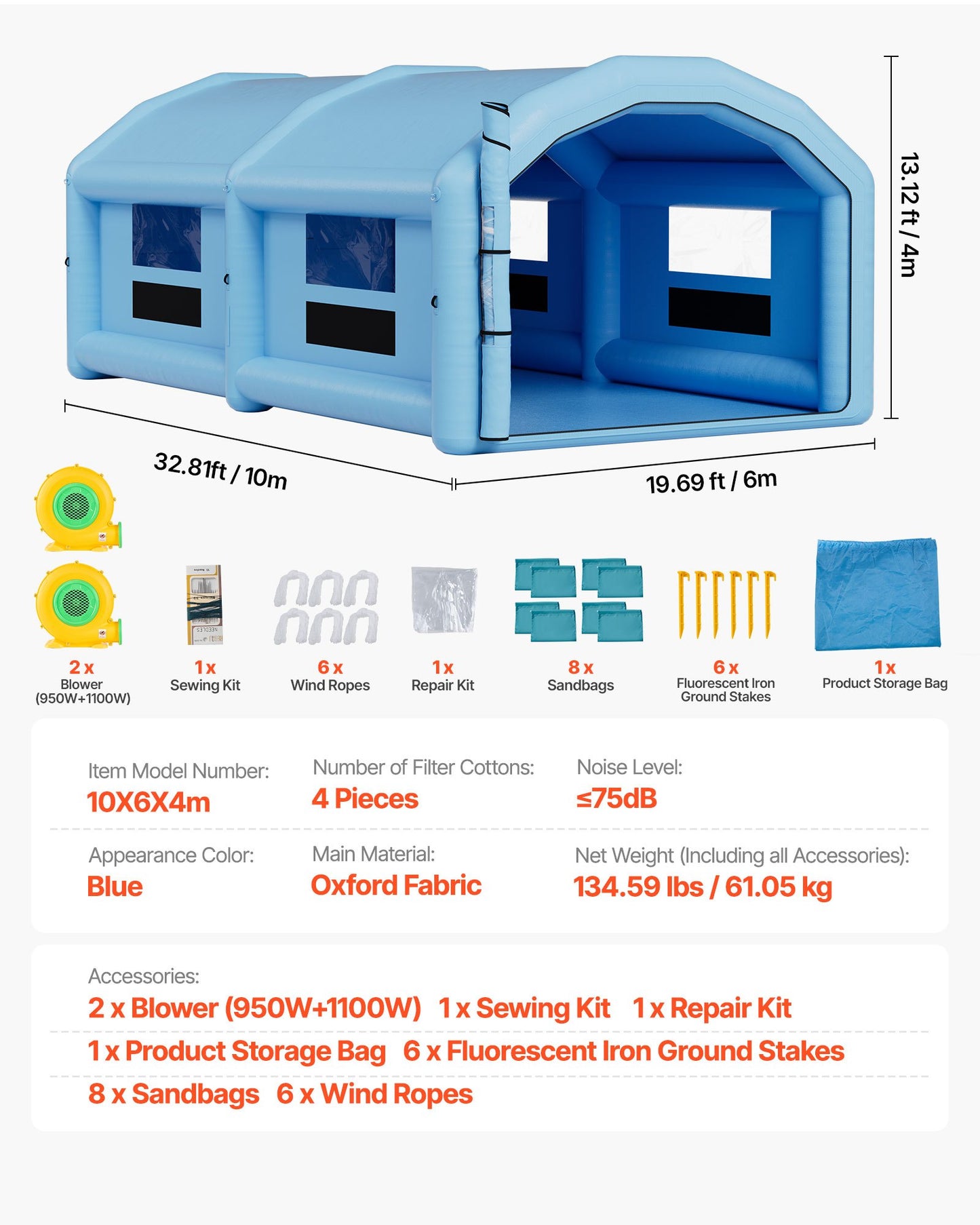 Inflatable Paint Booth, 10 x 6 x 4 m, Inflatable Spray Booth with 950W and 1100W Blowers and Air Filter System, Round Roof, for Painting Car, Truck, Furniture, and Automotive Sheet Metal