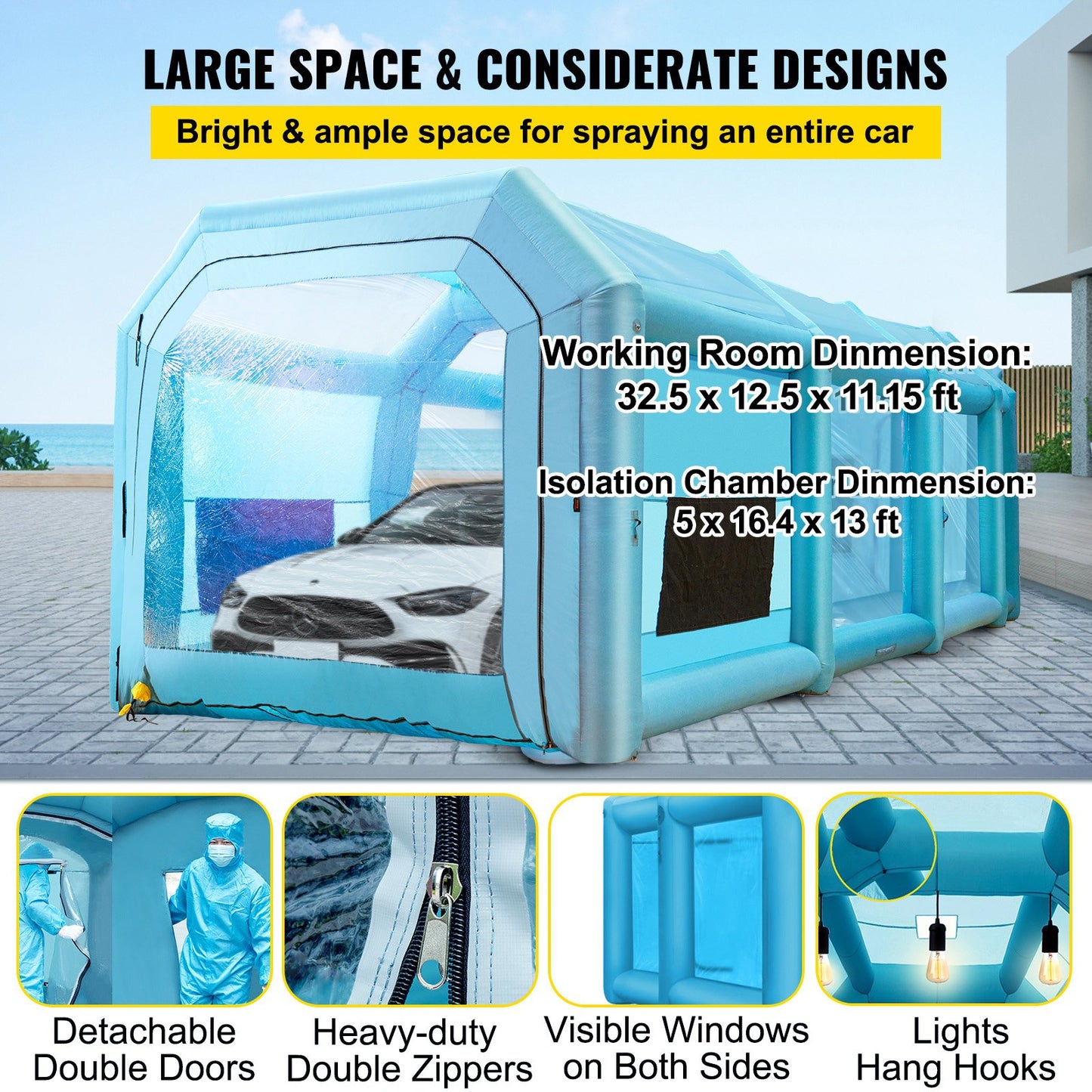 Inflatable Paint Booth, 39.4x16.4x13.1 ft Spray Paint Booth, with 2 Powerful Blowers, Inflatable Spray Booth with Air Filter System, Car Paint Booth for Car Parking Tent Workstation, Blue