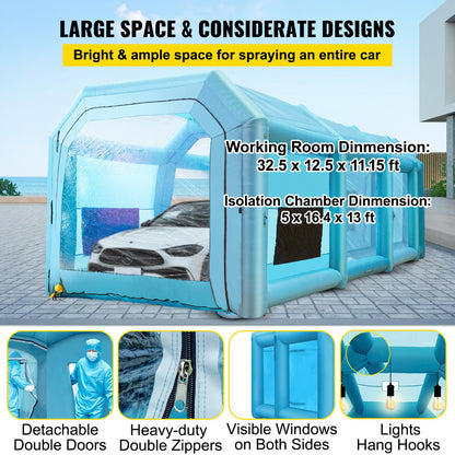 Inflatable Paint Booth, 39.4x16.4x13.1 ft Spray Paint Booth, with 2 Powerful Blowers, Inflatable Spray Booth with Air Filter System, Car Paint Booth for Car Parking Tent Workstation, Blue