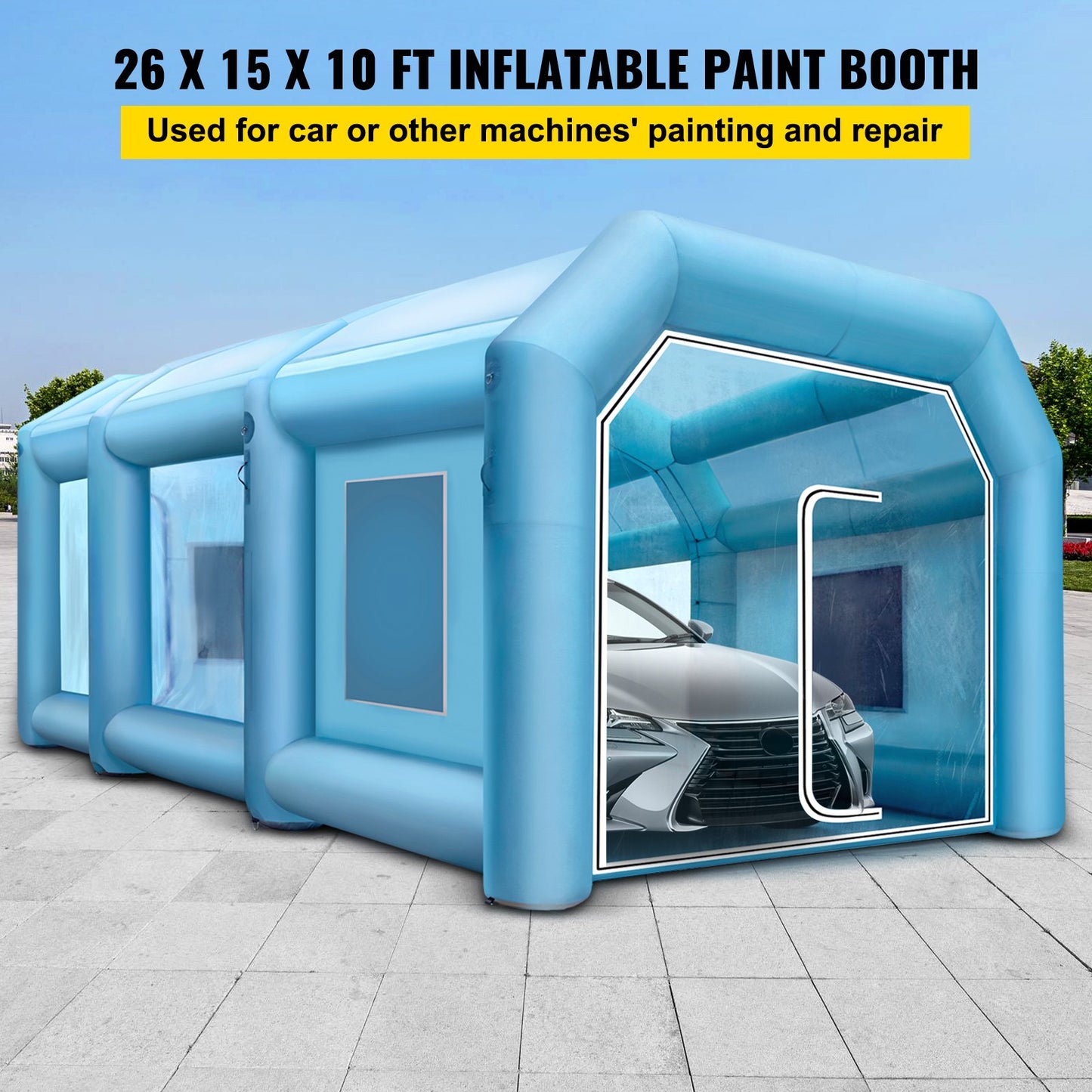 Inflatable Tent, 26x15x10Ft Inflatable Spray Booth Tent, Inflatable Paint Booth Tent Car Paint Booth Giant Workstation 210D Oxford Fabric with 2 Blowers