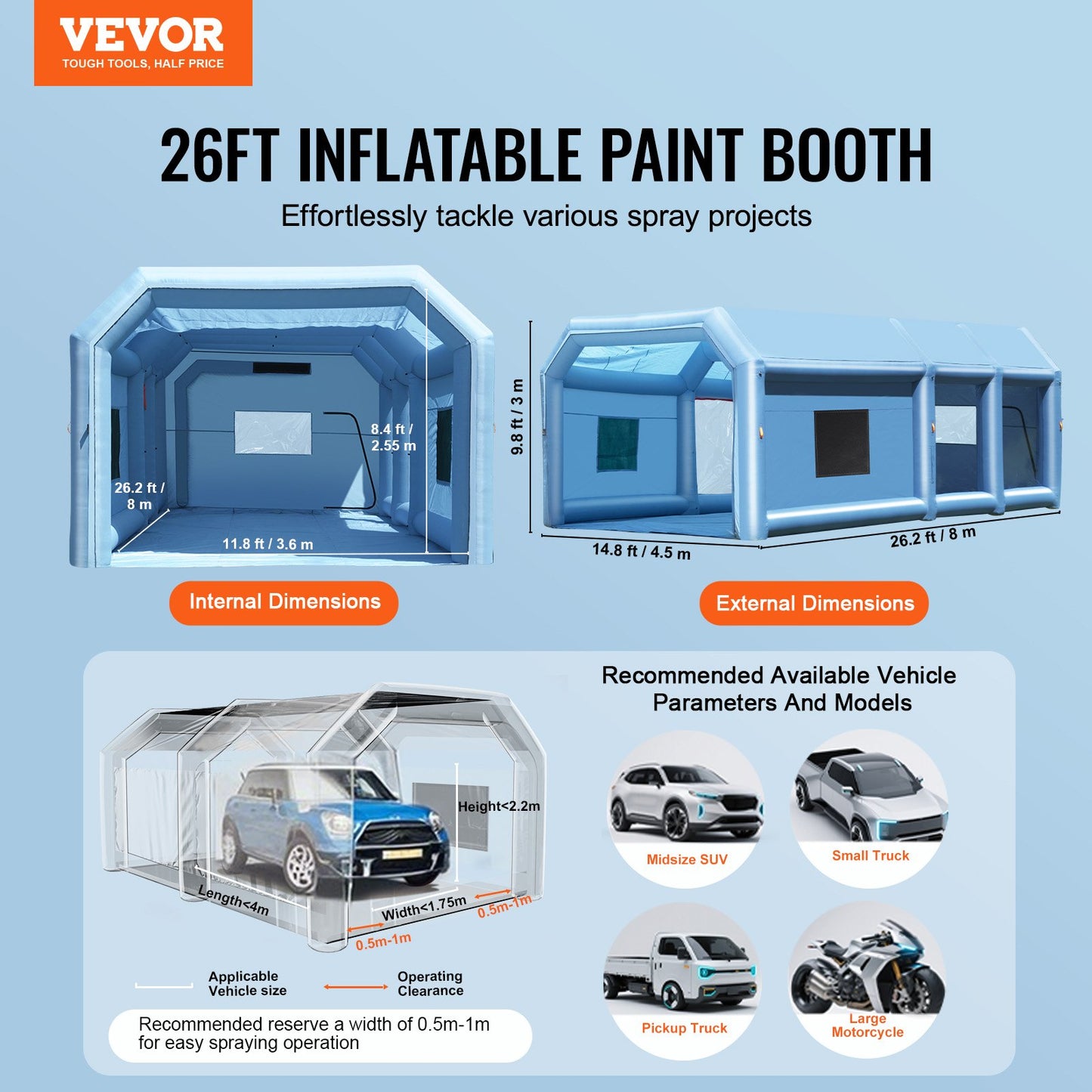 Inflatable Paint Booth, 26.2 x 14.8 x 9.8 ft/8 x 4.5 x 3 m Inflatable Spray Booth, with 950W+750W Powerful Blowers and Air Filter System, Portable Car Paint Booth for Small Truck, Large Motorcycle, Midsize SUV