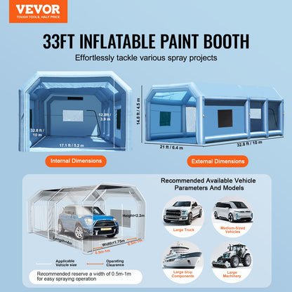 Inflatable Paint Booth, 32.8 x 21 x 14.8 ft/10 x 6.4 x 4.5 m Inflatable Spray Booth, with 1100W+750W Powerful Blowers and Air Filter System, Portable Car Paint Booth for Large Truck, Large Van, Large Machinery
