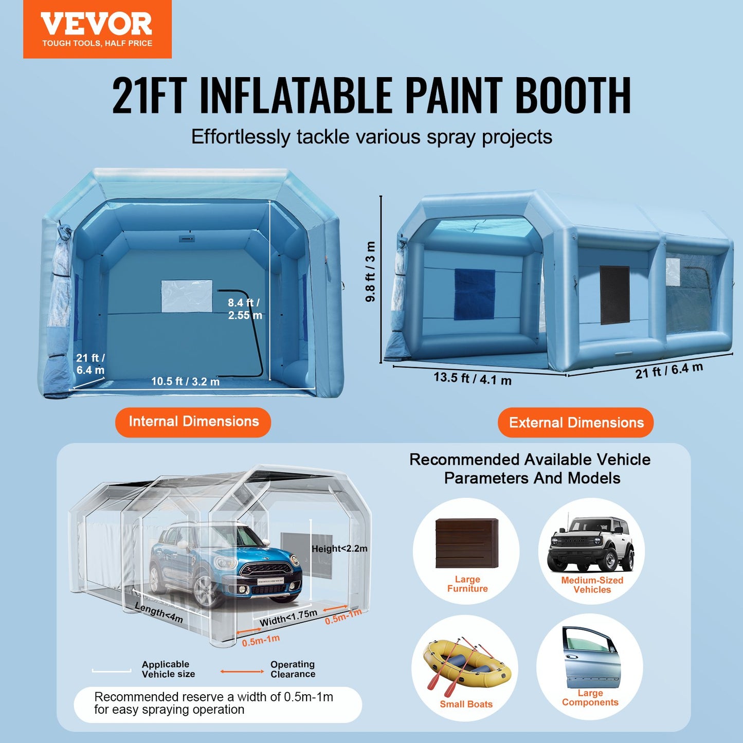 Inflatable Paint Booth, 21 x 13.5 x 9.8 ft/6.4 x 4.1 x 3 m Inflatable Spray Booth, with 1100W Powerful Blower and Air Filter System, Portable Car Paint Booth for Medium-Sized Vehicles, Large Furniture Painting