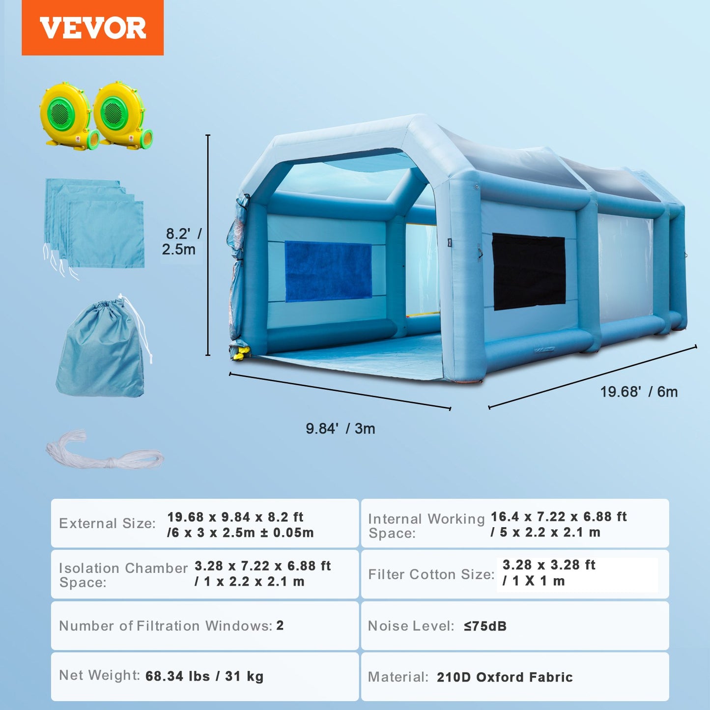 Inflatable Spray Booth Car Paint Tent 610 cm x 305 cm x 244 cm Filter System 2 Blowers